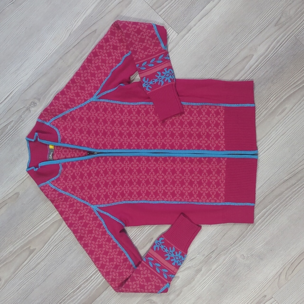 Cabela's SP merino wool blend pink with blue zip up sweater thick warm